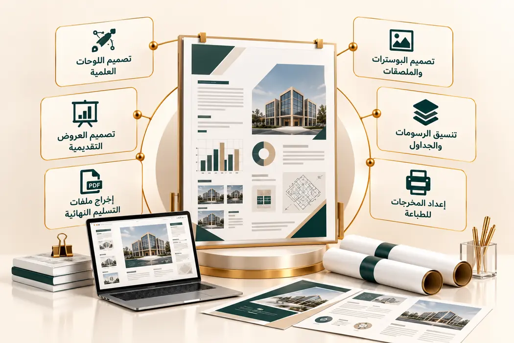 تصميم اللوحات والمخرجات: لوحة عرض مشروع التخرج على حاسوب محمول محاطة ببطاقات تصميم اللوحات العلمية وتصميم العروض التقديمية وإخراج ملفات التسليم النهائية وتصميم البوسترات والملصقات وتنسيق الرسومات والجداول وإعداد المخرجات للطباعة