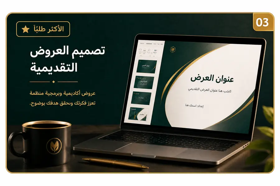 تصميم العروض التقديمية — الأكثر طلباً: عروض أكاديمية وبحثية منظمة تبرز فكرتك بوضوح واحترافية