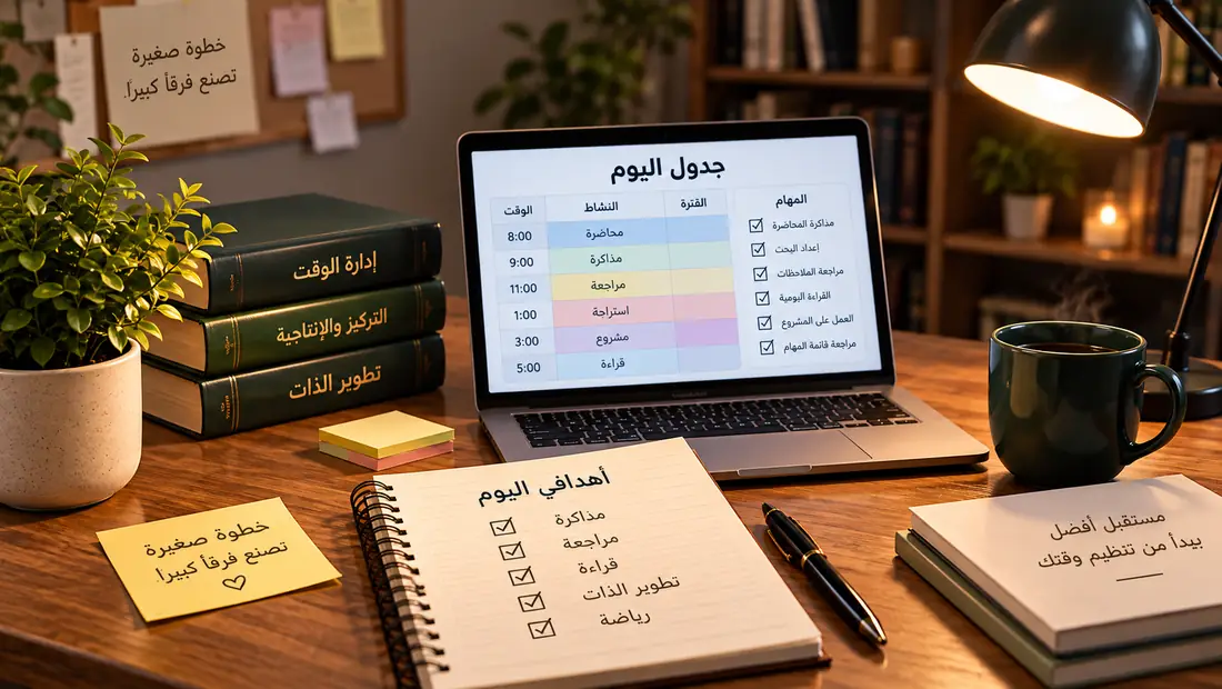 جدول يومي مكتوب في مفكرة بجانب كوب قهوة وحاسوب محمول