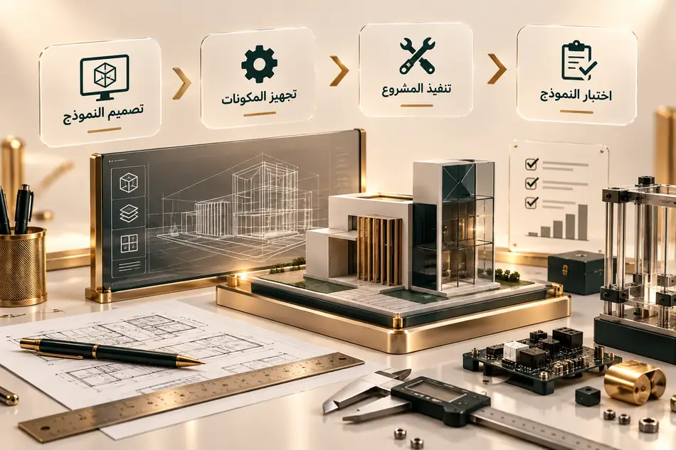 التصميم والتنفيذ: مراحل تصميم النموذج وتجهيز المكونات وتنفيذ المشروع واختبار النموذج، مع نموذج مبنى ثلاثي الأبعاد ومخططات هندسية وأدوات قياس
