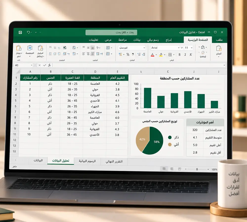 حاسوب محمول يعرض برنامج Excel مع جدول بيانات المشاركين ورسوم بيانية للتوزيع حسب المنطقة والجنس وأهم المؤشرات