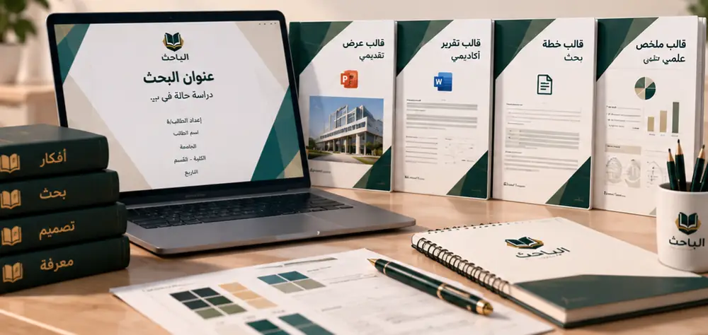 حاسوب محمول يعرض قالب غلاف بحث مع أربعة قوالب أكاديمية جاهزة: قالب عرض تقديمي، قالب تقرير أكاديمي، قالب خطة بحث، وقالب ملخص علمي