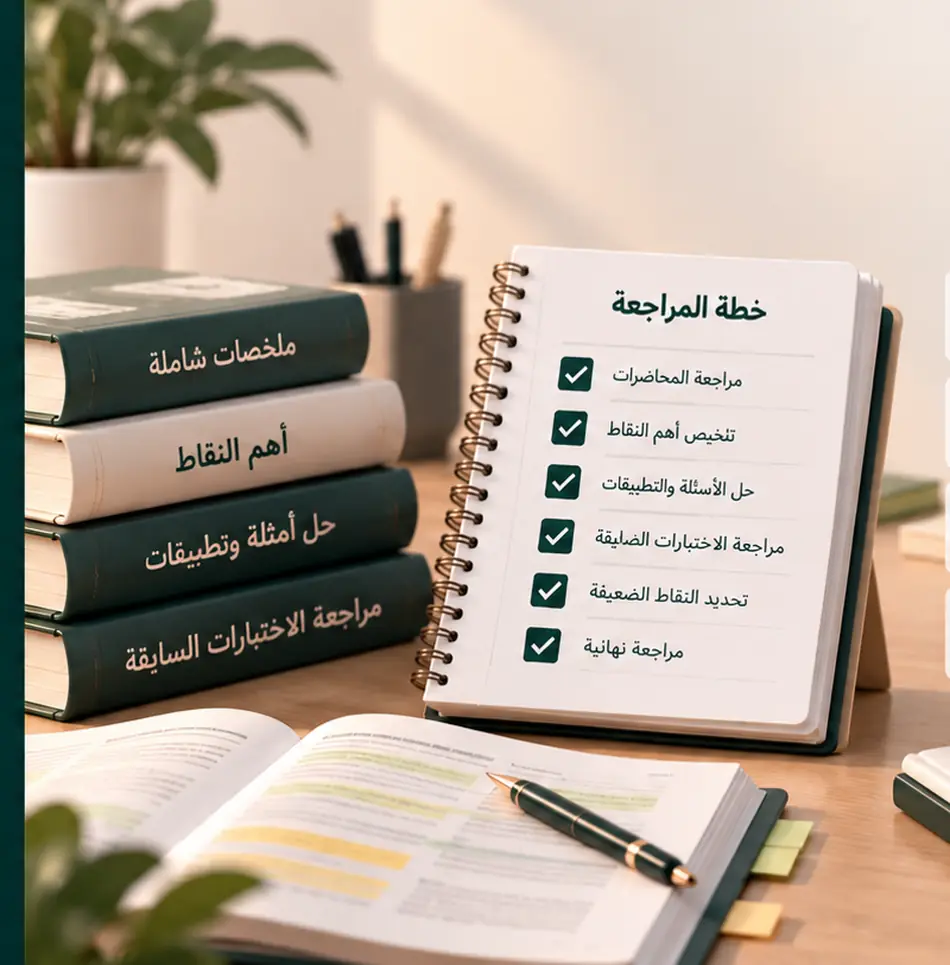 دفتر خطة المراجعة مع قائمة تحقق لمراجعة المحاضرات وتلخيص النقاط وحل الأسئلة بجانب كتب ملخصات