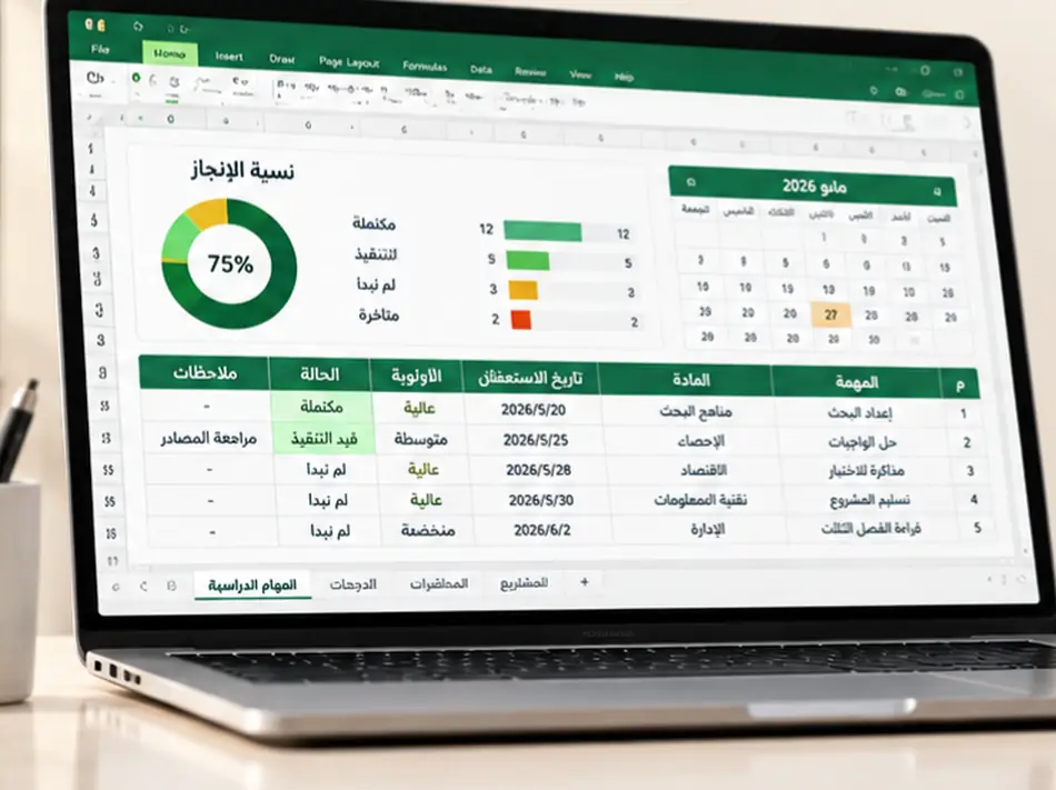 حاسوب محمول يعرض جدول إكسل للمهام الدراسية يشمل نسبة الإنجاز وتقويم شهر مايو وجدولاً بالمهام والمواد وحالتها وأولويتها وتواريخ استحقاقها