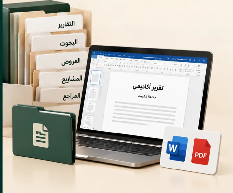 حاسوب محمول يعرض غلاف تقرير أكاديمي منسّق في Word، بجانب ملف مصنّف ومجلد وأيقونتي Word وPDF، وأرشيف ملفات مقسّم إلى التقارير والبحوث والعروض والمشاريع والمراجع