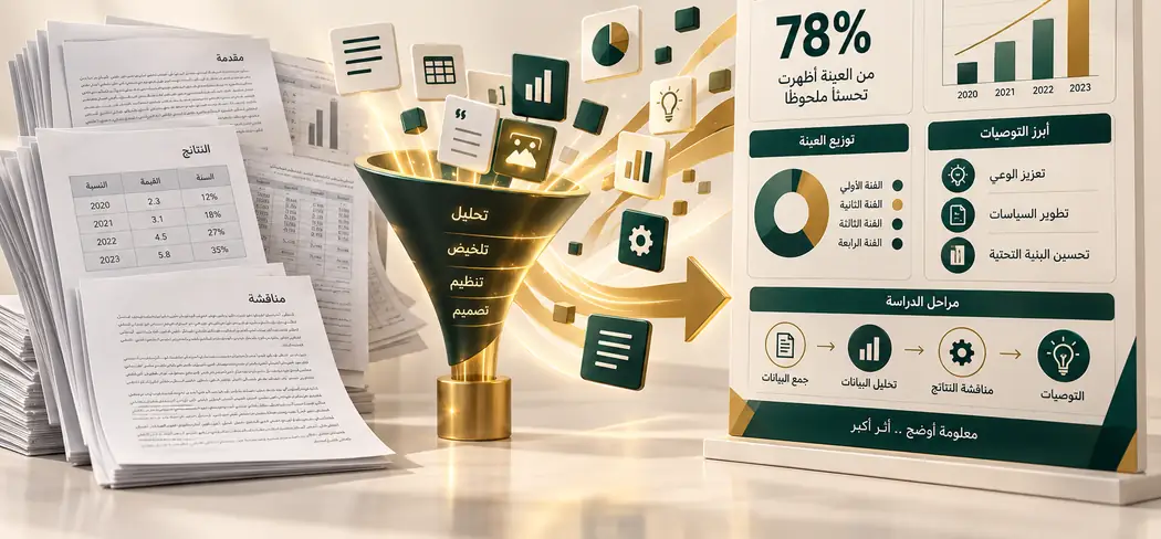 تحويل أوراق البحث ونتائجه عبر قمع تصميم رمزي إلى لوحة إنفوجرافيك منظمة تعرض أهم النتائج ونمو المؤشرات وتوزيع العينة وأبرز التوصيات ومراحل الدراسة