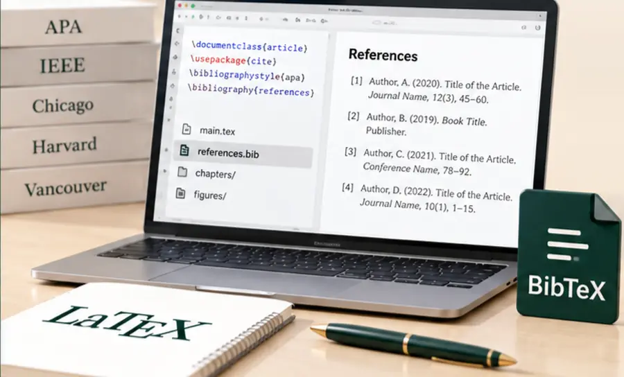 حاسوب محمول يعرض ملف LaTeX وقائمة مراجع منسقة بجانب كتب أنماط التوثيق وملف BibTeX