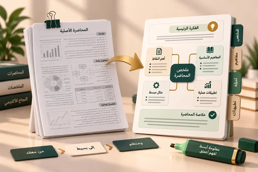 تحويل المحاضرة المعقدة إلى ملخص منظم يشمل الفكرة الرئيسية وأهم النقاط والمفاهيم الأساسية ومثال مبسط