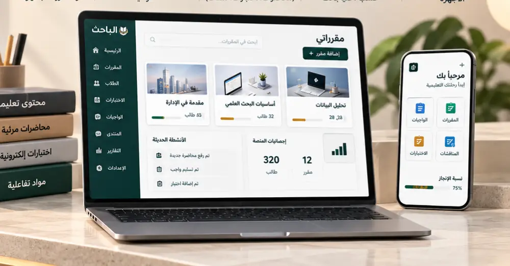 حاسوب محمول وهاتف يعرضان منصة تعليمية باسم الباحث تشمل قائمة المقررات وإدارة الطلاب والاختبارات والواجبات، مع إحصائيات المنصة ونسبة الإنجاز على الجوال