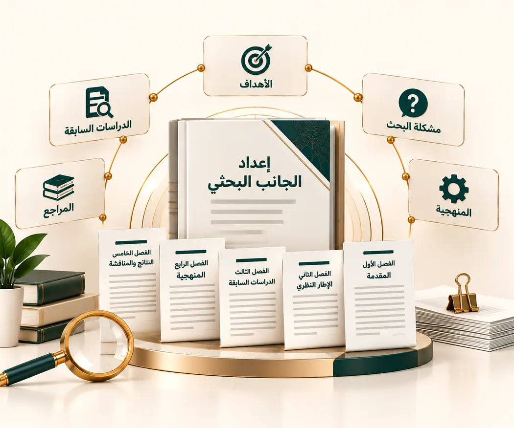إعداد الجانب البحثي: كتاب البحث العلمي محاطاً ببطاقات الأهداف ومشكلة البحث والمنهجية والدراسات السابقة والمراجع، مع فصول البحث الخمسة أمامه