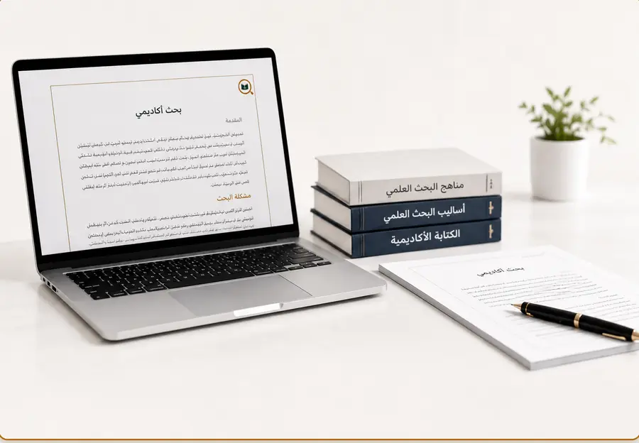مكتب بحث أكاديمي: حاسوب محمول عليه بحث أكاديمي وكتب مناهج البحث العلمي