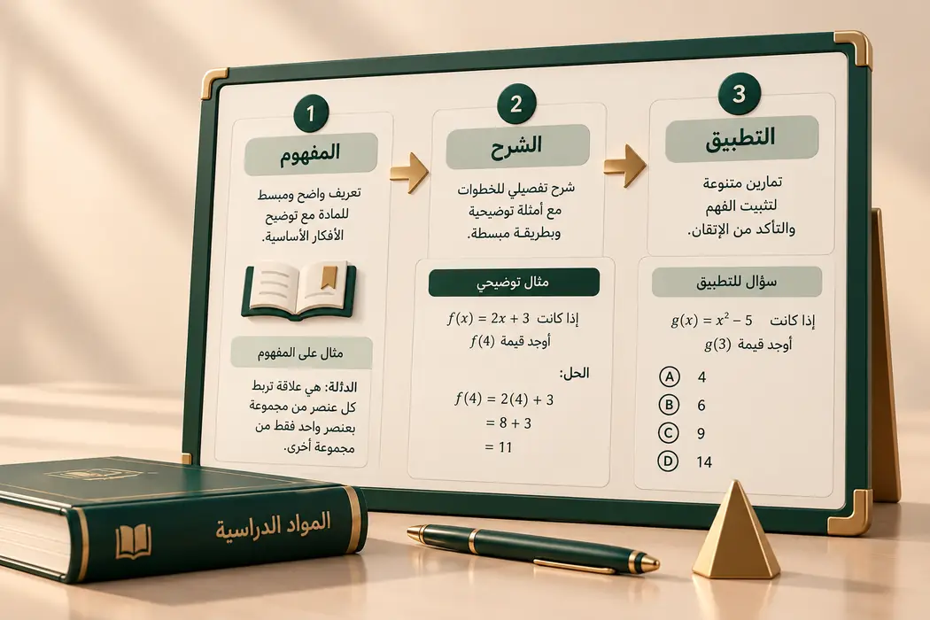 لوحة شرح المادة الدراسية بثلاث خطوات: المفهوم مع تعريف ومثال، الشرح بخطوات تفصيلية، والتطبيق بتمارين