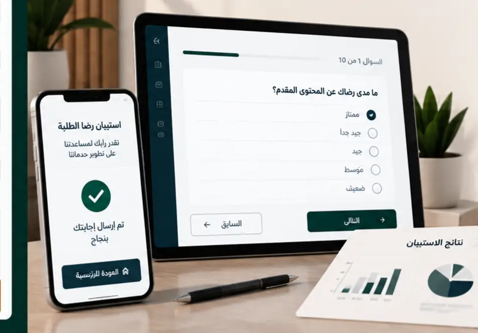 جهاز لوحي يعرض سؤالاً من استبيان مع خيارات تقييم، وهاتف يعرض رسالة تأكيد إرسال الإجابة، وورقة نتائج الاستبيان برسوم بيانية