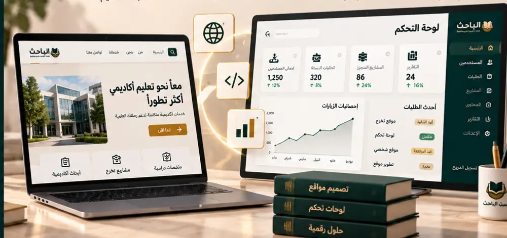 حاسوب محمول يعرض موقعاً أكاديمياً وشاشة عرض لوحة تحكم تشمل إجمالي المستخدمين والطلبات النشطة والمشاريع المنجزة والتقارير مع رسم بياني لإحصائيات الزيارات وأحدث الطلبات