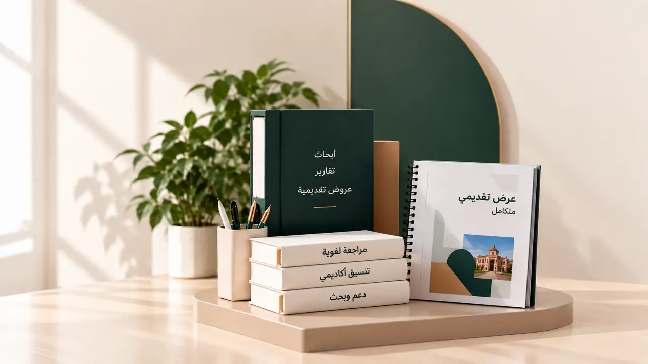 كتب ومجلد أكاديمي وعرض تقديمي مطبوع فوق منصة عرض تمثل خدمات الباقة المتقدمة
