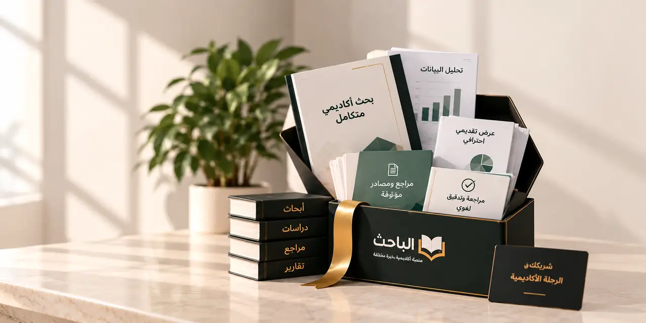 مستندات وأدوات تحليل وعرض تقديمي أكاديمي تمثل خدمات الباقة المميزة