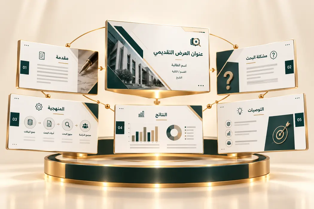 إعداد العرض التقديمي: شريحة عنوان العرض التقديمي في المنتصف محاطة بشرائح المقدمة ومشكلة البحث والمنهجية والنتائج والتوصيات