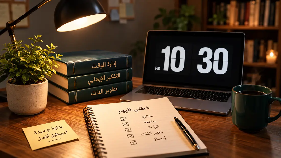 ساعة ودفتر مهام على مكتب دراسة يرمز لتنظيم الوقت
