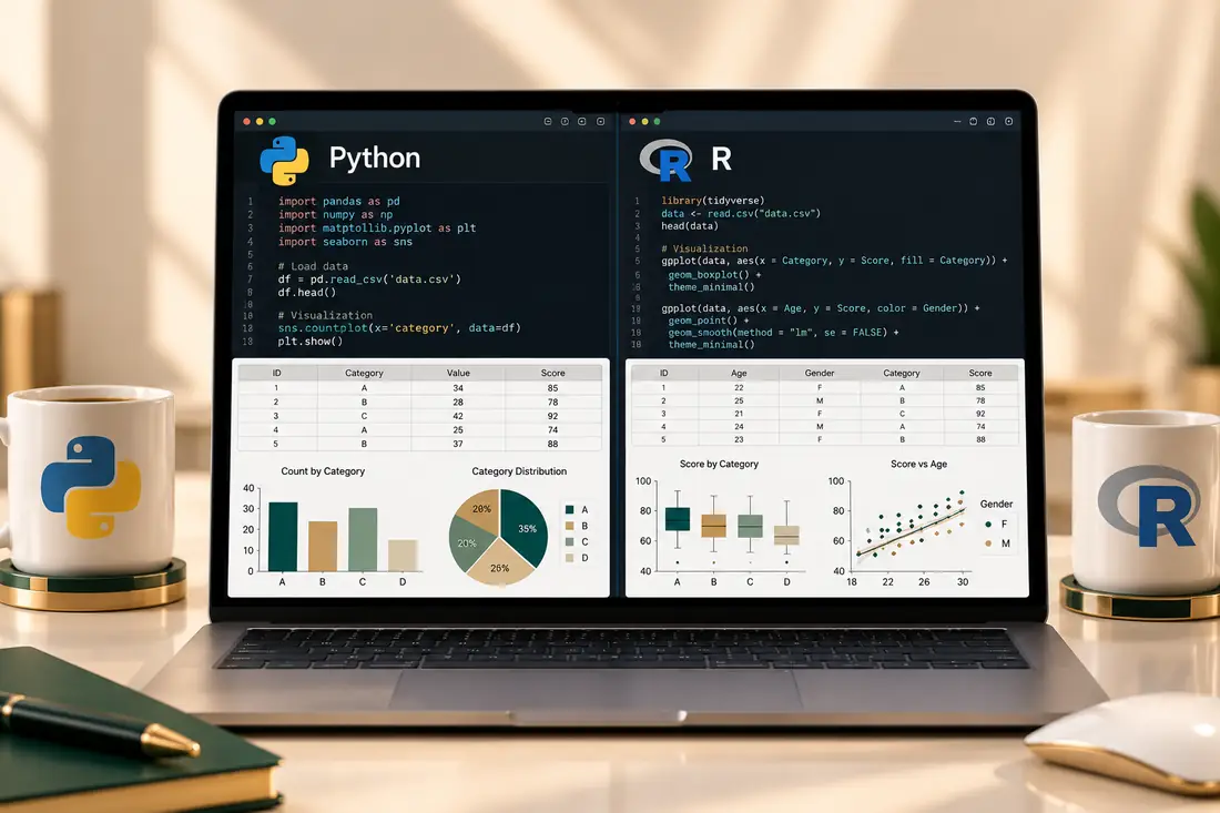 حاسوب محمول يعرض أكواد وتحليلات بلغتي Python و R جنباً إلى جنب مع رسوم بيانية وجداول بيانات