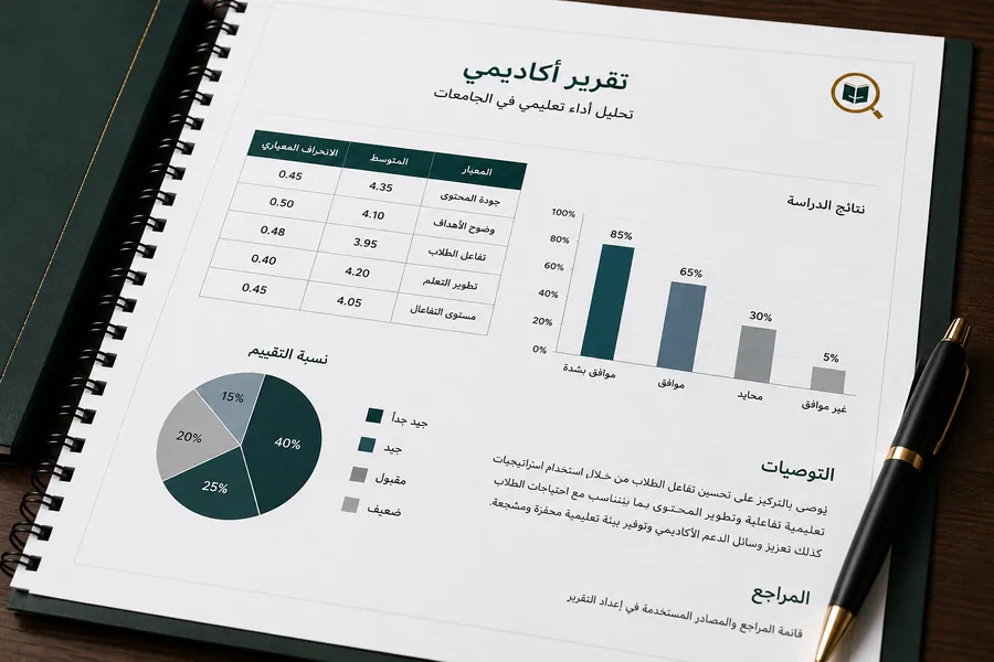 نموذج تقرير أكاديمي يحتوي على جداول ورسوم بيانية
