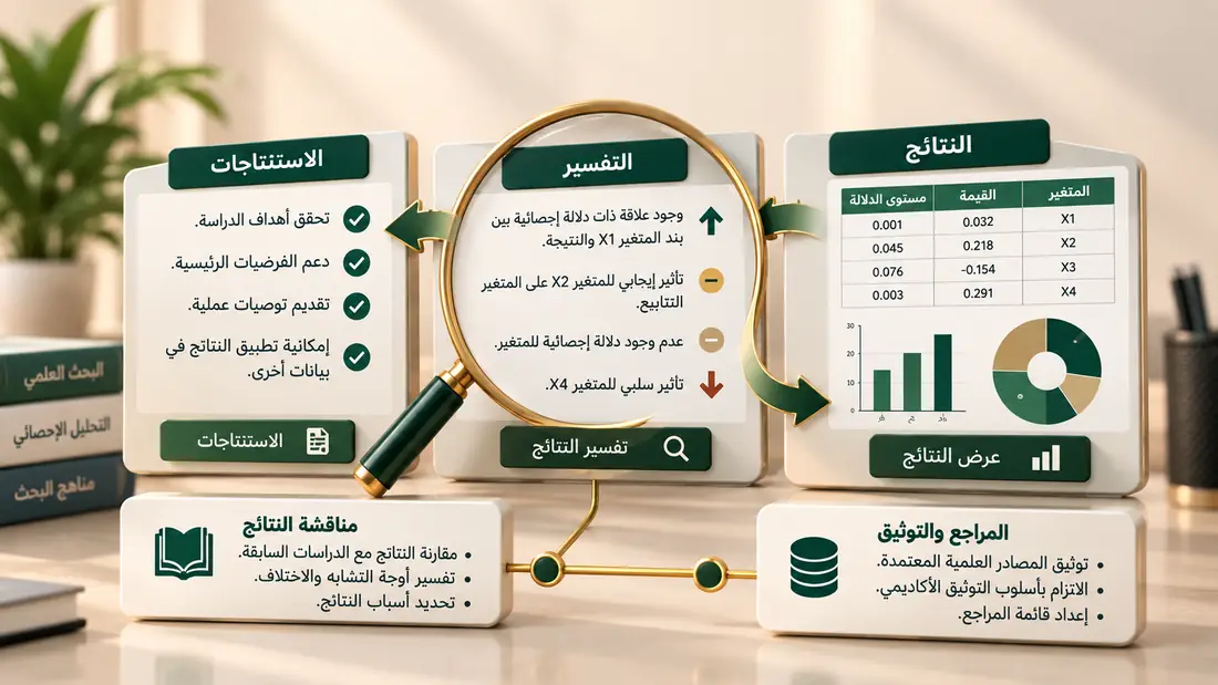 مخطط تفسير النتائج: عدسة مكبّرة في المنتصف تربط بين الاستنتاجات وجدول النتائج الإحصائية، مع بطاقتي مناقشة النتائج والمراجع والتوثيق
