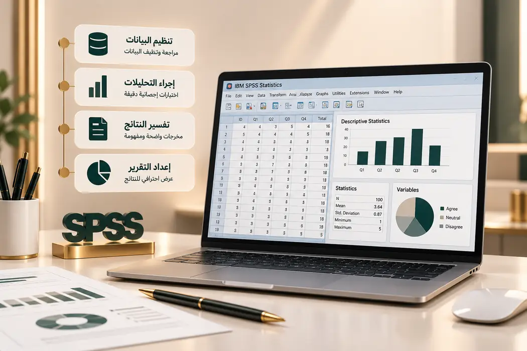 تحليل البيانات باستخدام SPSS: حاسوب محمول يعرض برنامج IBM SPSS Statistics مع جداول البيانات والرسوم البيانية، وبطاقات تنظيم البيانات وإجراء التحليلات وتفسير النتائج وإعداد التقرير