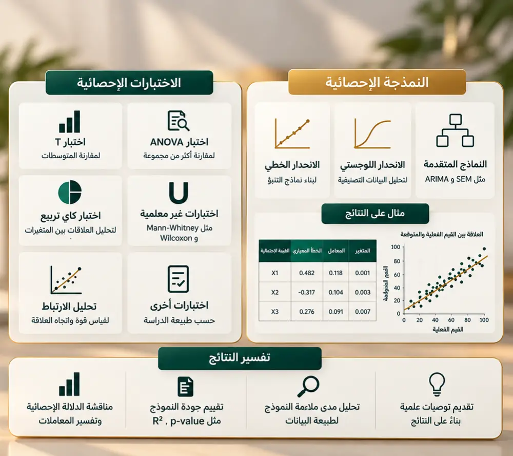 الاختبارات الإحصائية: اختبار T وANOVA واختبار كاي تربيع واختبارات غير معلمية وتحليل الارتباط. النمذجة الإحصائية: الانحدار الخطي واللوجستي والنماذج المتقدمة مثل ARIMA وSEM مع مثال على النتائج. تفسير النتائج: مناقشة الدلالة الإحصائية وتقييم جودة النموذج وتحليل الملاءمة وتقديم التوصيات