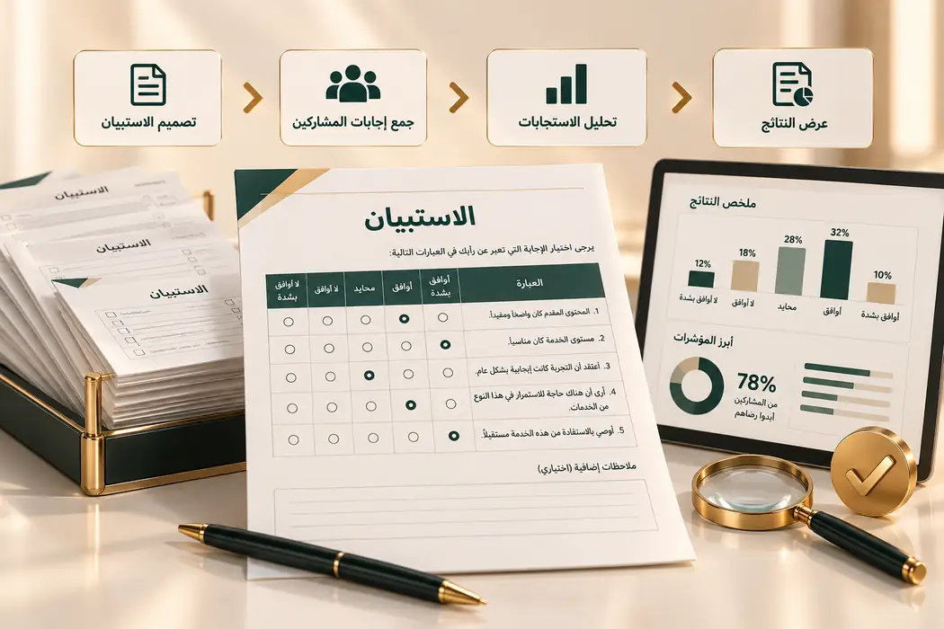 تحليل الاستبيانات: مراحل تصميم الاستبيان وجمع إجابات المشاركين وتحليل الاستجابات وعرض النتائج، مع نموذج استبيان مطبوع ولوحة نتائج على جهاز لوحي