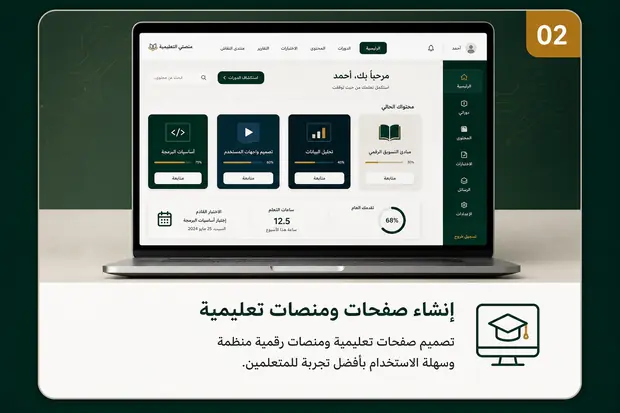 02 إنشاء صفحات ومنصات تعليمية — تصميم صفحات تعليمية ومنصات رقمية منظمة وسهلة الاستخدام بأفضل تجربة للمتعلمين