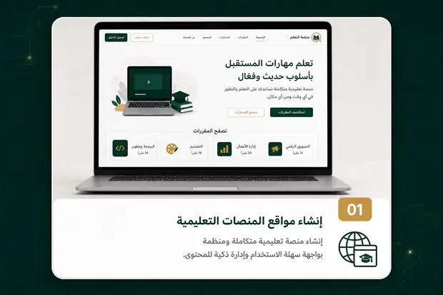 01 إنشاء مواقع المنصات التعليمية — إنشاء منصة تعليمية متكاملة ومنظمة بواجهة سهلة الاستخدام وإدارة ذكية للمحتوى